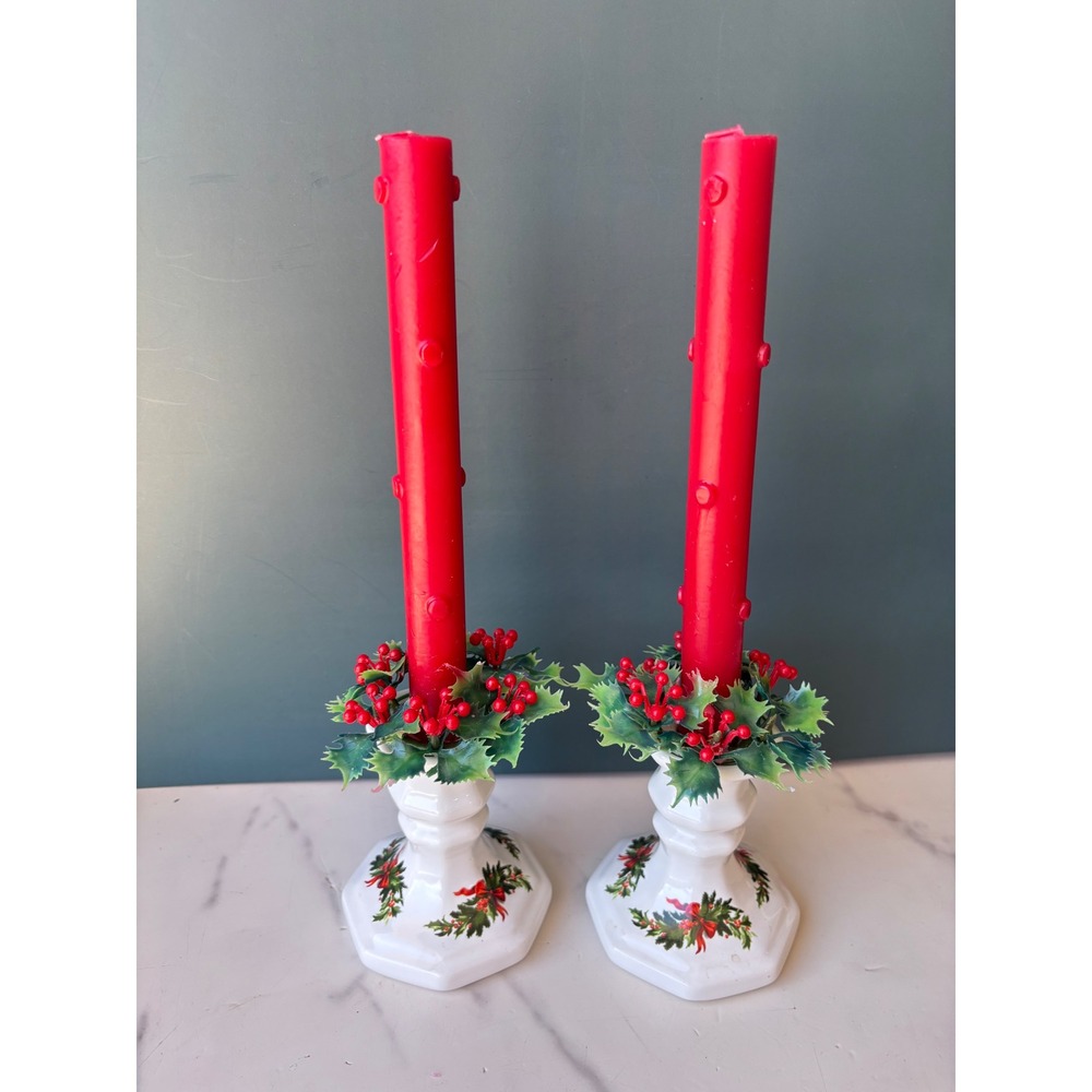 Vintage Christmas Heritage Ceramic Candle Holder Set White Holly  Taper Candles